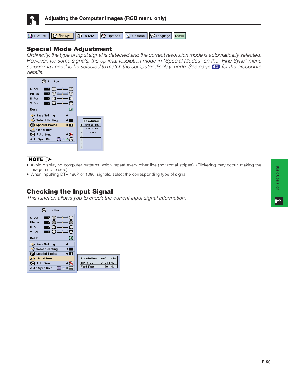 Special mode adjustment, Checking the input signal | Sharp XG-P20XU User Manual | Page 51 / 83