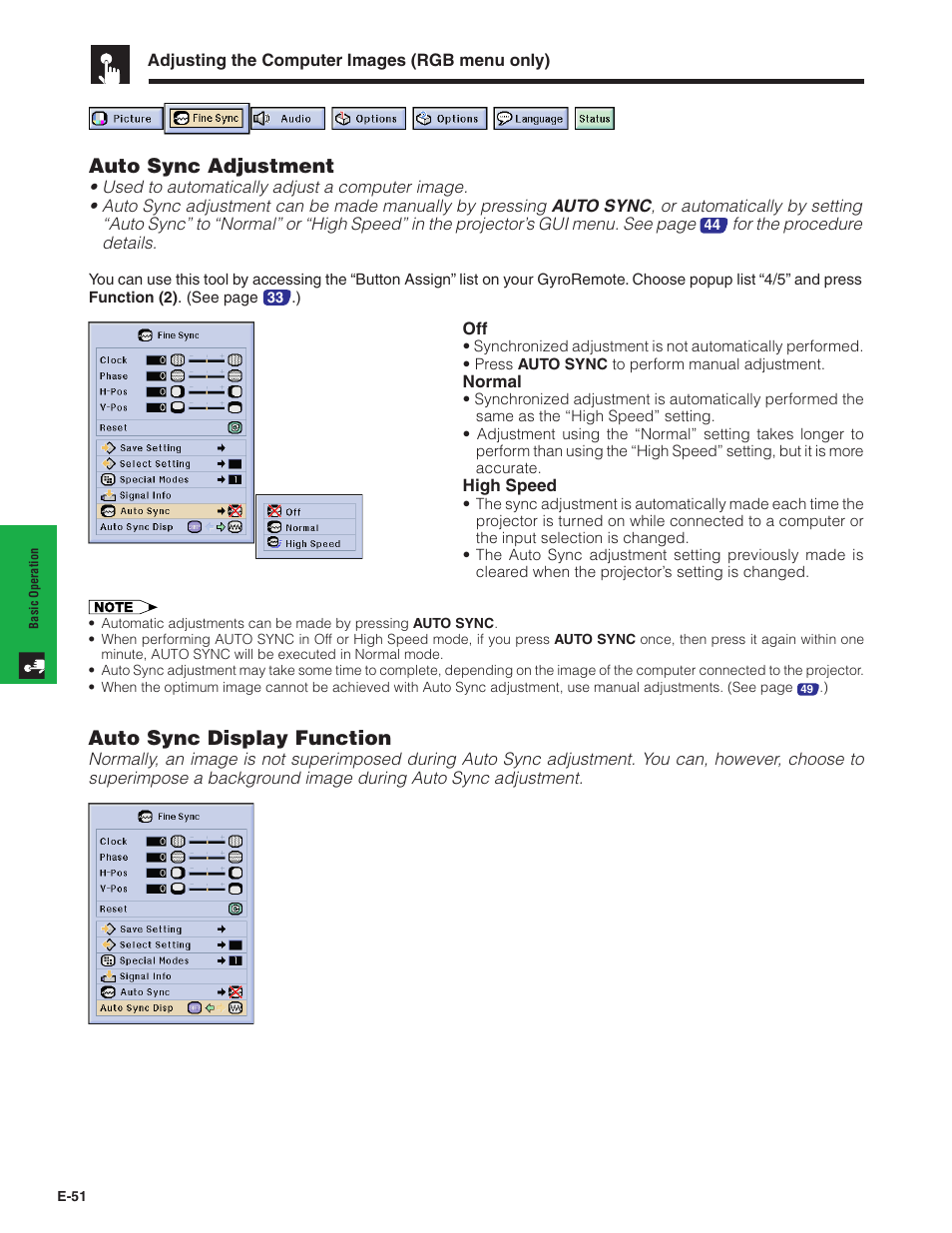 For details, Auto sync adjustment, Auto sync display function | Sharp XG-P20XU User Manual | Page 52 / 83
