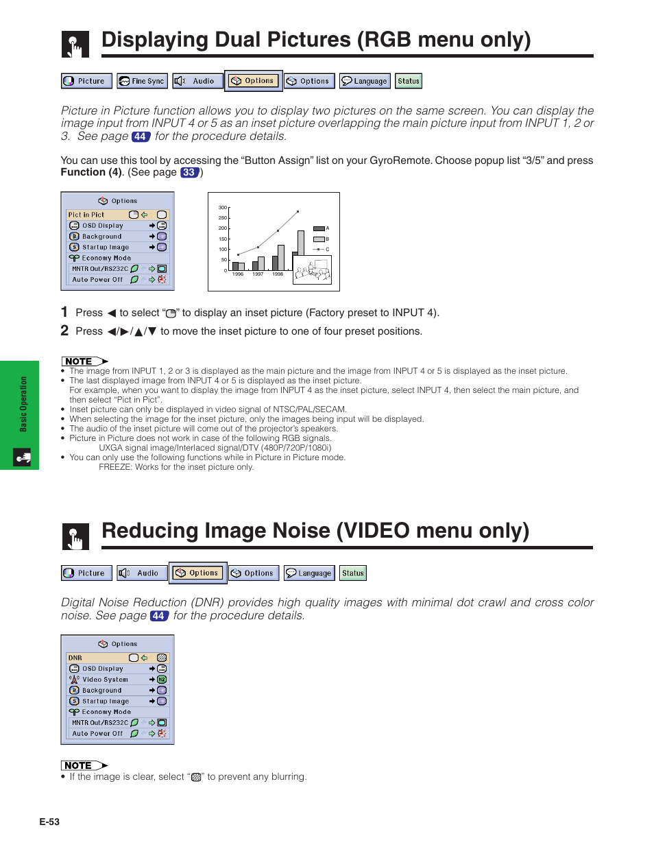 Displaying dual pictures (rgb menu only), Reducing image noise (video menu only), Displaying dual pictures | Rgb menu only), Reducing image noise, Video menu only), For the pr ocedure details | Sharp XG-P20XU User Manual | Page 54 / 83