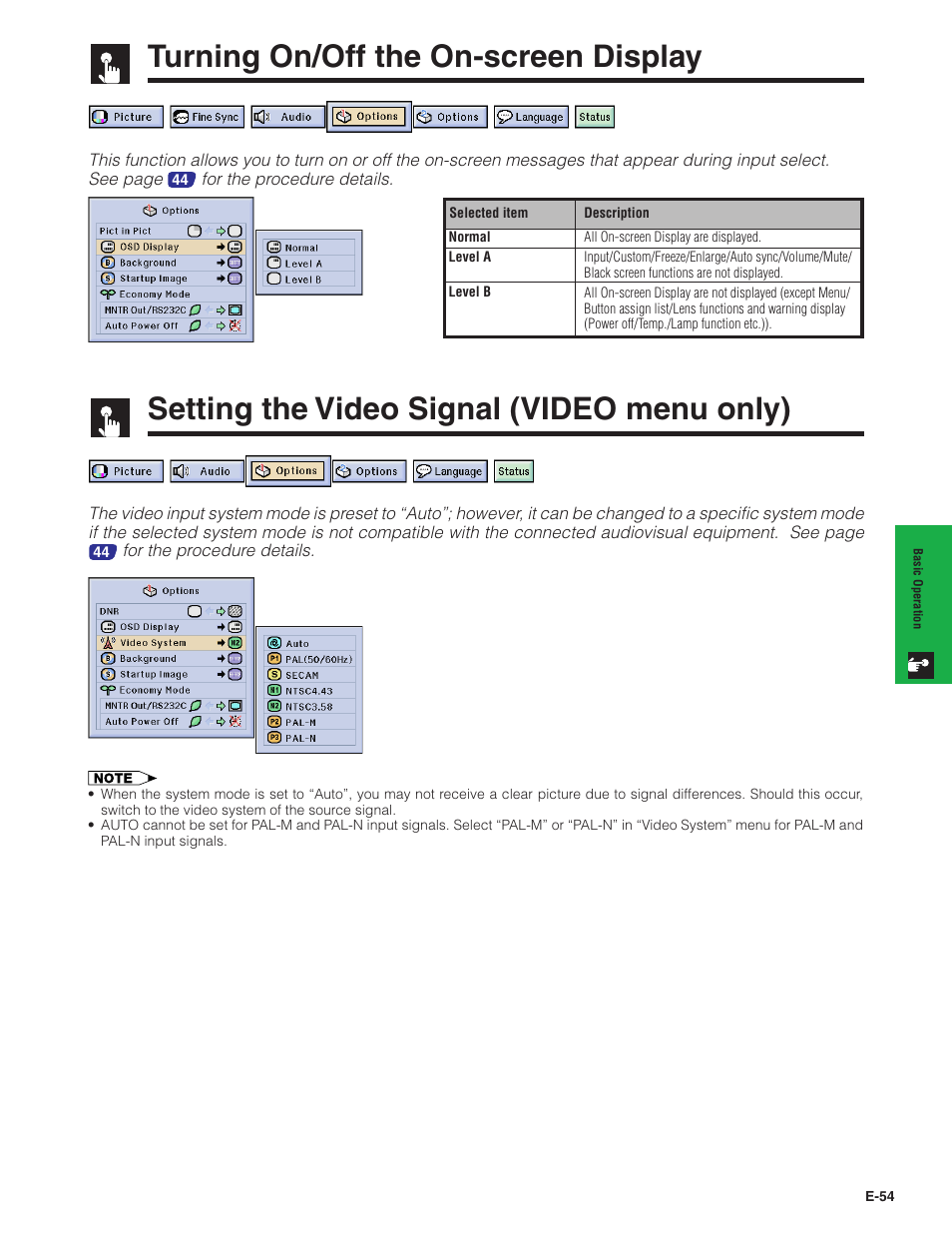 Turning on/off the on-screen display, Setting the video signal (video menu only), Setting the video signal | Video menu only) | Sharp XG-P20XU User Manual | Page 55 / 83