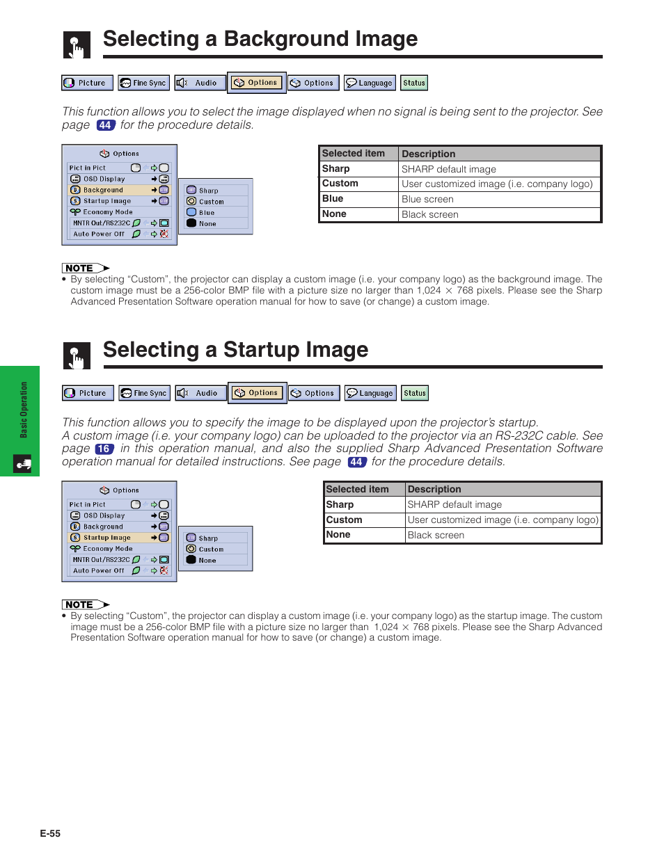 Selecting a background image, Selecting a startup image | Sharp XG-P20XU User Manual | Page 56 / 83