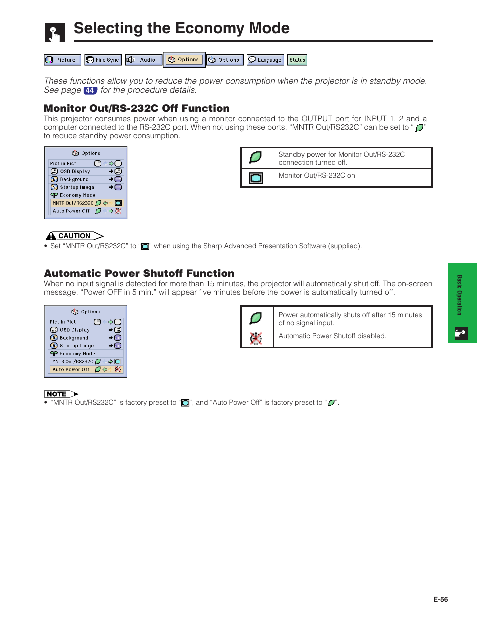 Selecting the economy mode, Monitor out/rs-232c off function, Automatic power shutoff function | Sharp XG-P20XU User Manual | Page 57 / 83