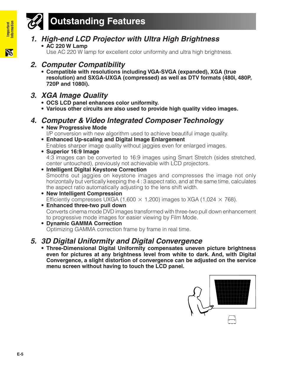 Outstanding features, High-end lcd projector with ultra high brightness, Computer compatibility | Xga image quality, Computer & video integrated composer technology, 3d digital uniformity and digital convergence | Sharp XG-P20XU User Manual | Page 6 / 83
