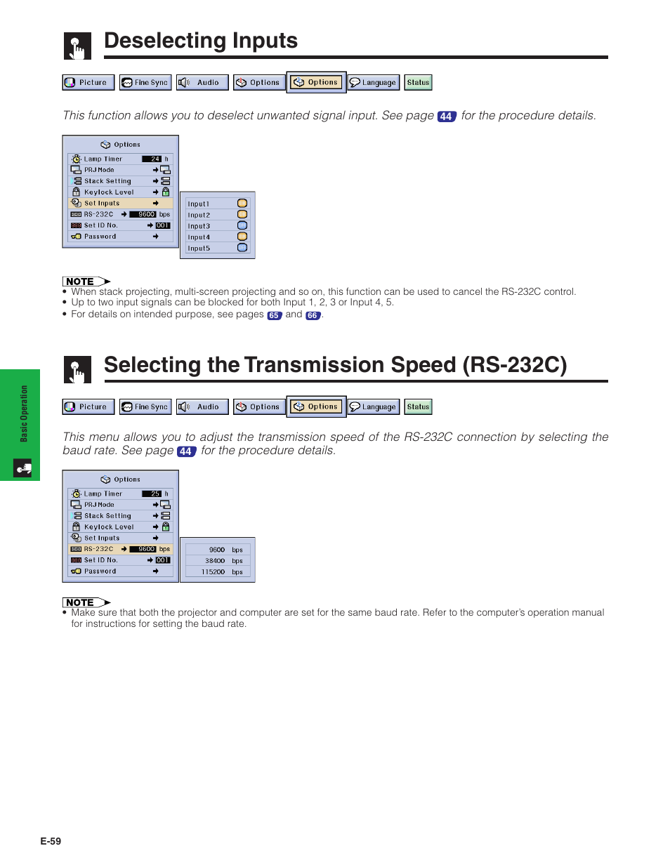 Deselecting inputs, Selecting the transmission speed (rs-232c), Selecting the transmission speed | Rs-232c) | Sharp XG-P20XU User Manual | Page 60 / 83