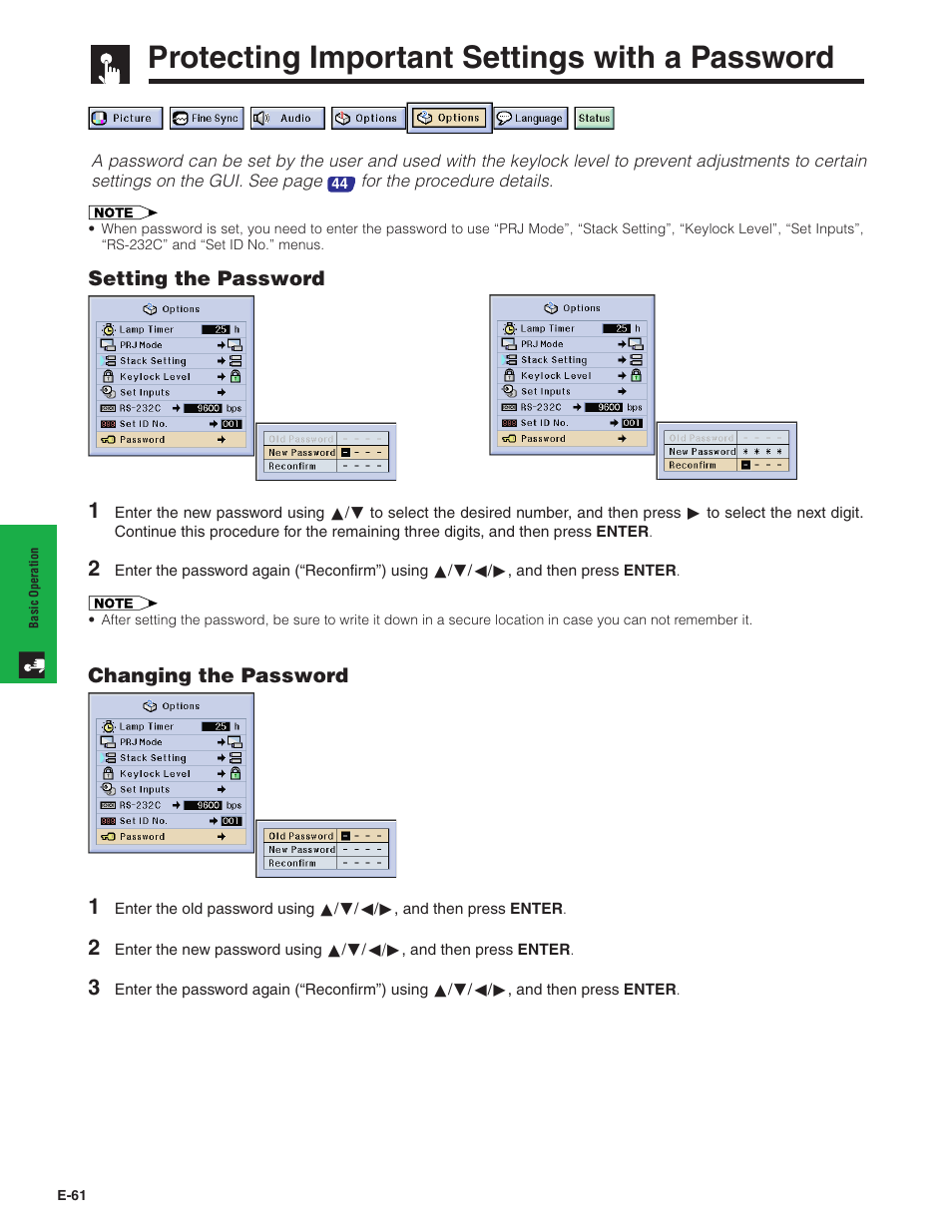 Protecting important settings with a password, Protecting important settings, With a password | For details using the passwor | Sharp XG-P20XU User Manual | Page 62 / 83