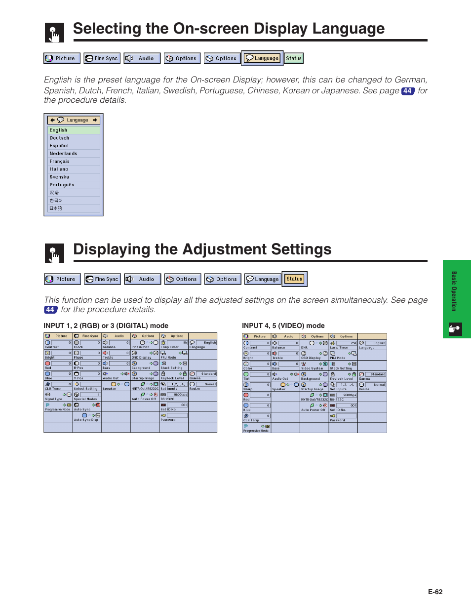 Selecting the on-screen display language, Displaying the adjustment settings, Selecting the on-screen display | Language, Can be operated fr | Sharp XG-P20XU User Manual | Page 63 / 83