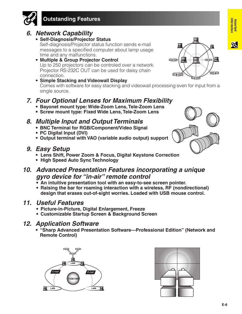 Network capability, Four optional lenses for maximum flexibility, Multiple input and output terminals | Easy setup, Useful features, Application software | Sharp XG-P20XU User Manual | Page 7 / 83