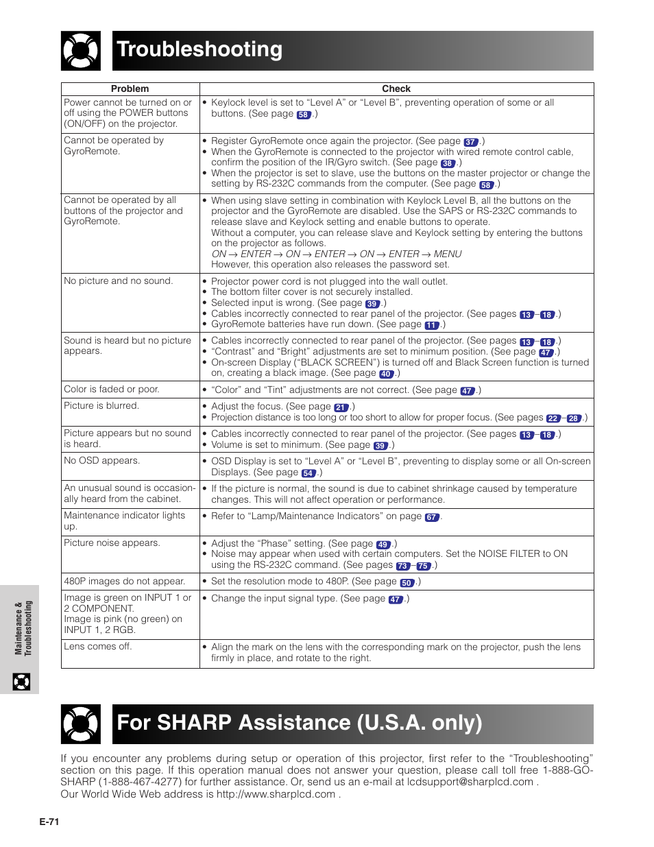 Troubleshooting, For sharp assistance (u.s.a. only) | Sharp XG-P20XU User Manual | Page 72 / 83