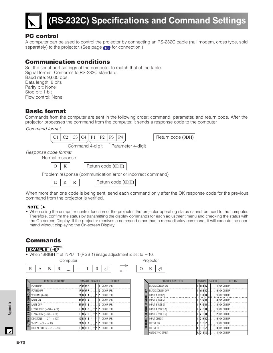 Rs-232c) specifications and command settings, Rs-232c) specifications and, Command settings | Commands, Pc control, Communication conditions, Basic format, For connection.), E-73, Projector computer | Sharp XG-P20XU User Manual | Page 74 / 83