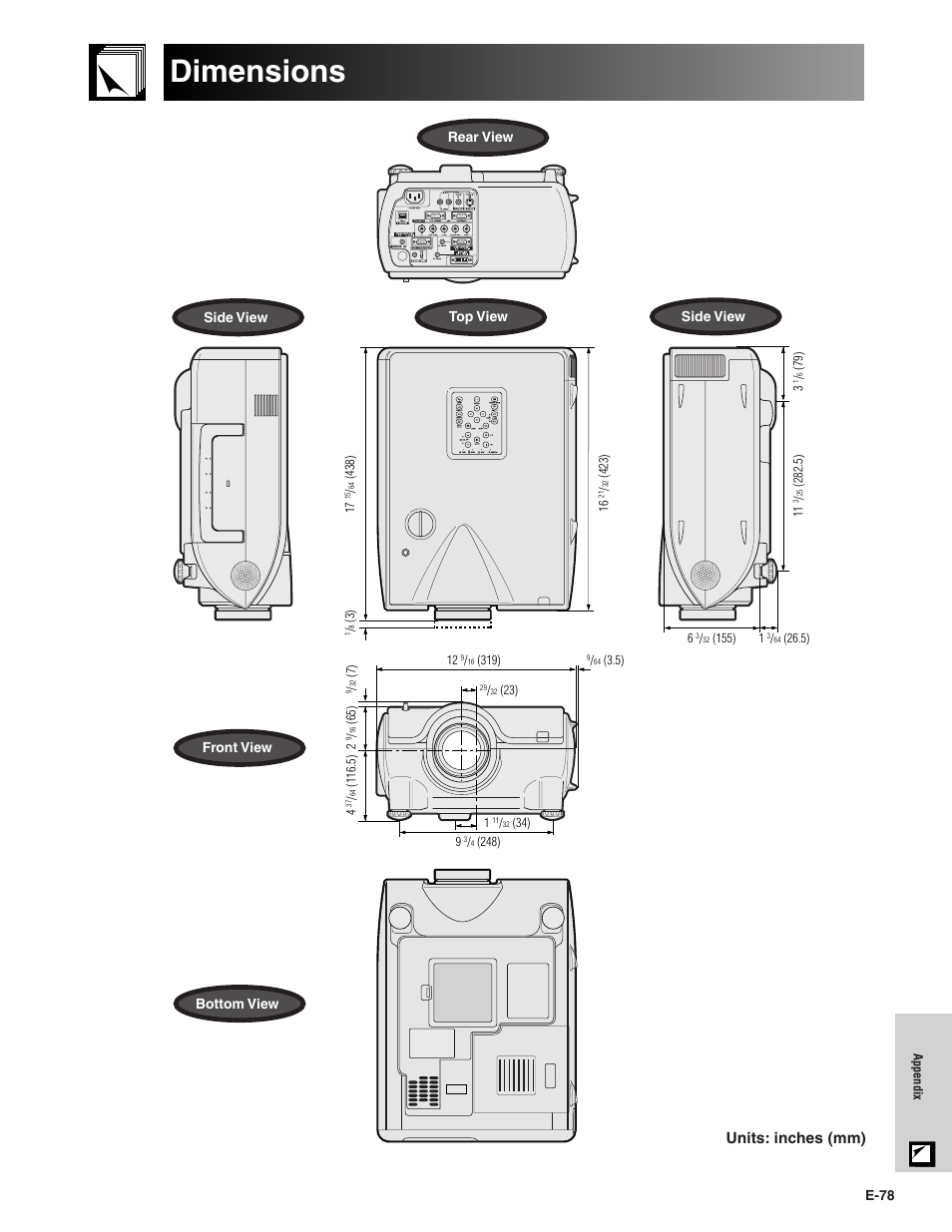 Dimensions, Units: inches (mm) | Sharp XG-P20XU User Manual | Page 79 / 83
