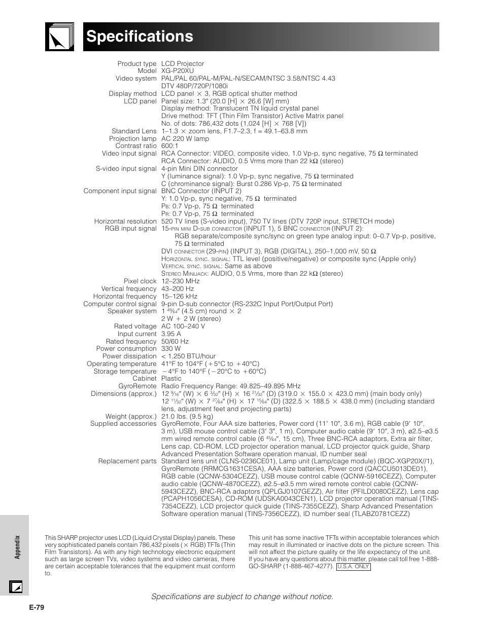 Specifications | Sharp XG-P20XU User Manual | Page 80 / 83
