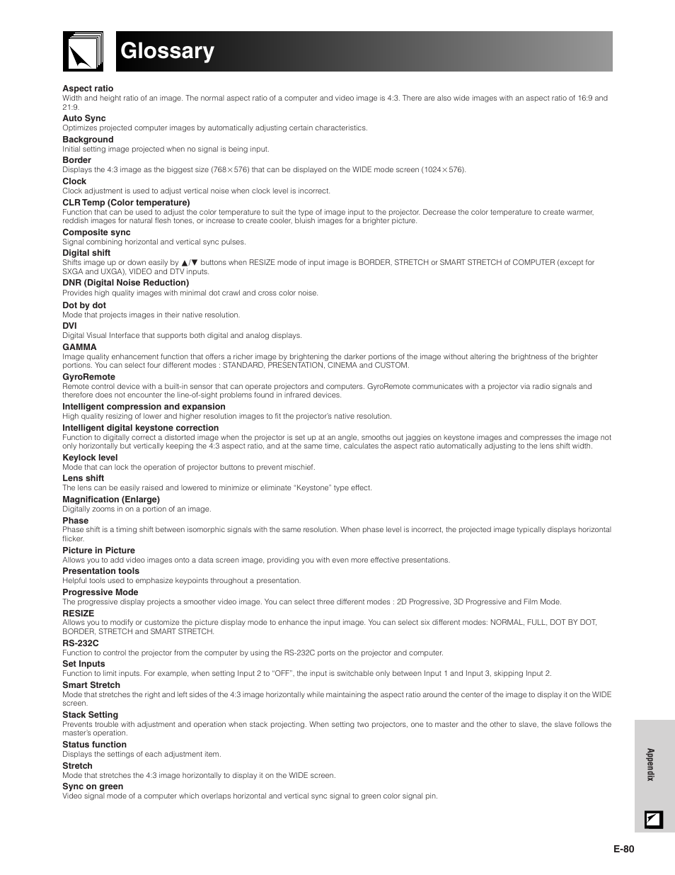 Glossary | Sharp XG-P20XU User Manual | Page 81 / 83