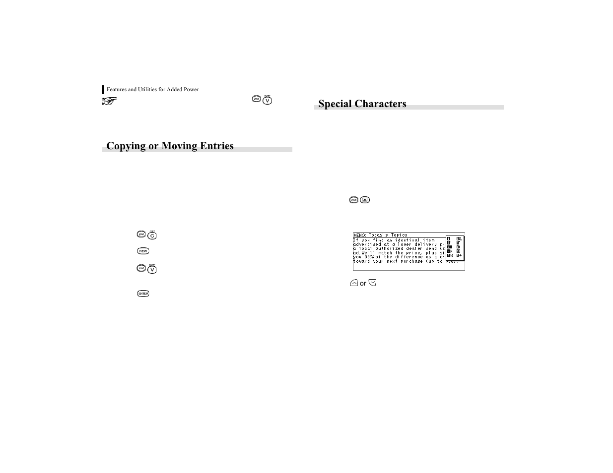 Copying or moving entries, Special characters | Sharp OZ-770 User Manual | Page 50 / 91