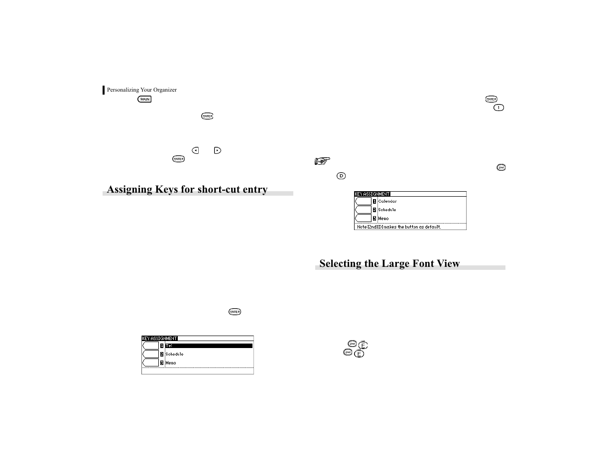 Assigning keys for short-cut entry, Selecting the large font view | Sharp OZ-770 User Manual | Page 60 / 91