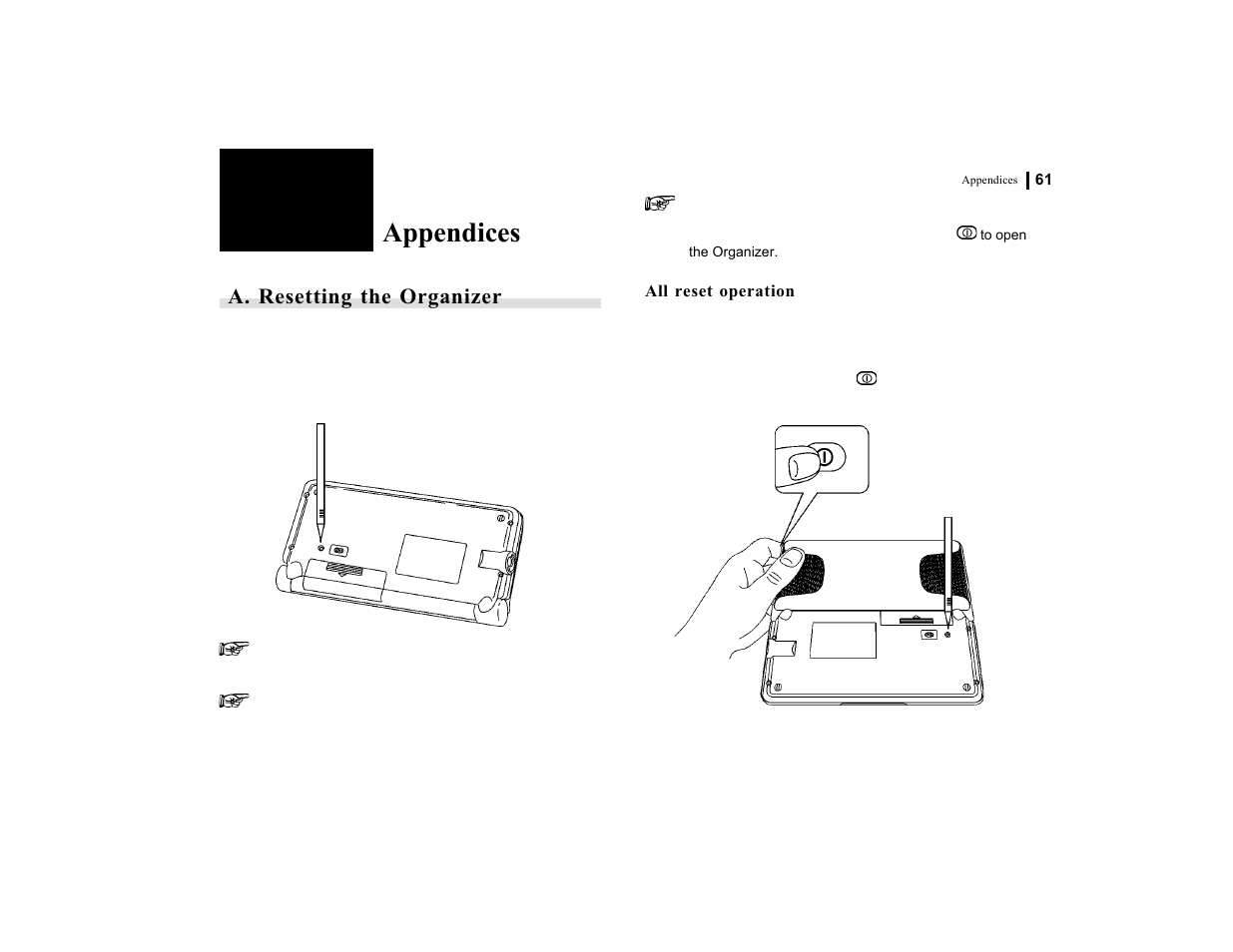 Appendices, A. resetting the organizer | Sharp OZ-770 User Manual | Page 63 / 91