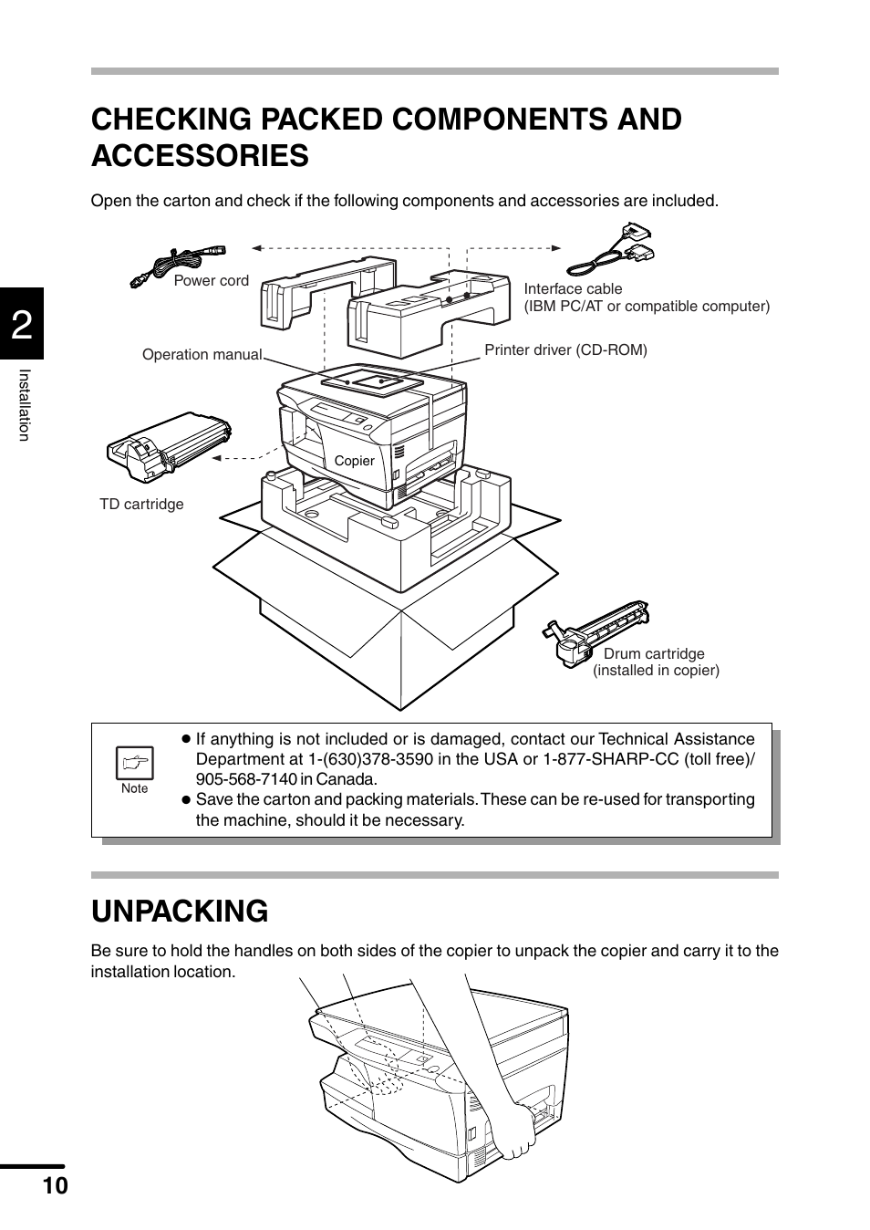 Checking packed components and accessories, Unpacking | Sharp AL-1340 User Manual | Page 12 / 46
