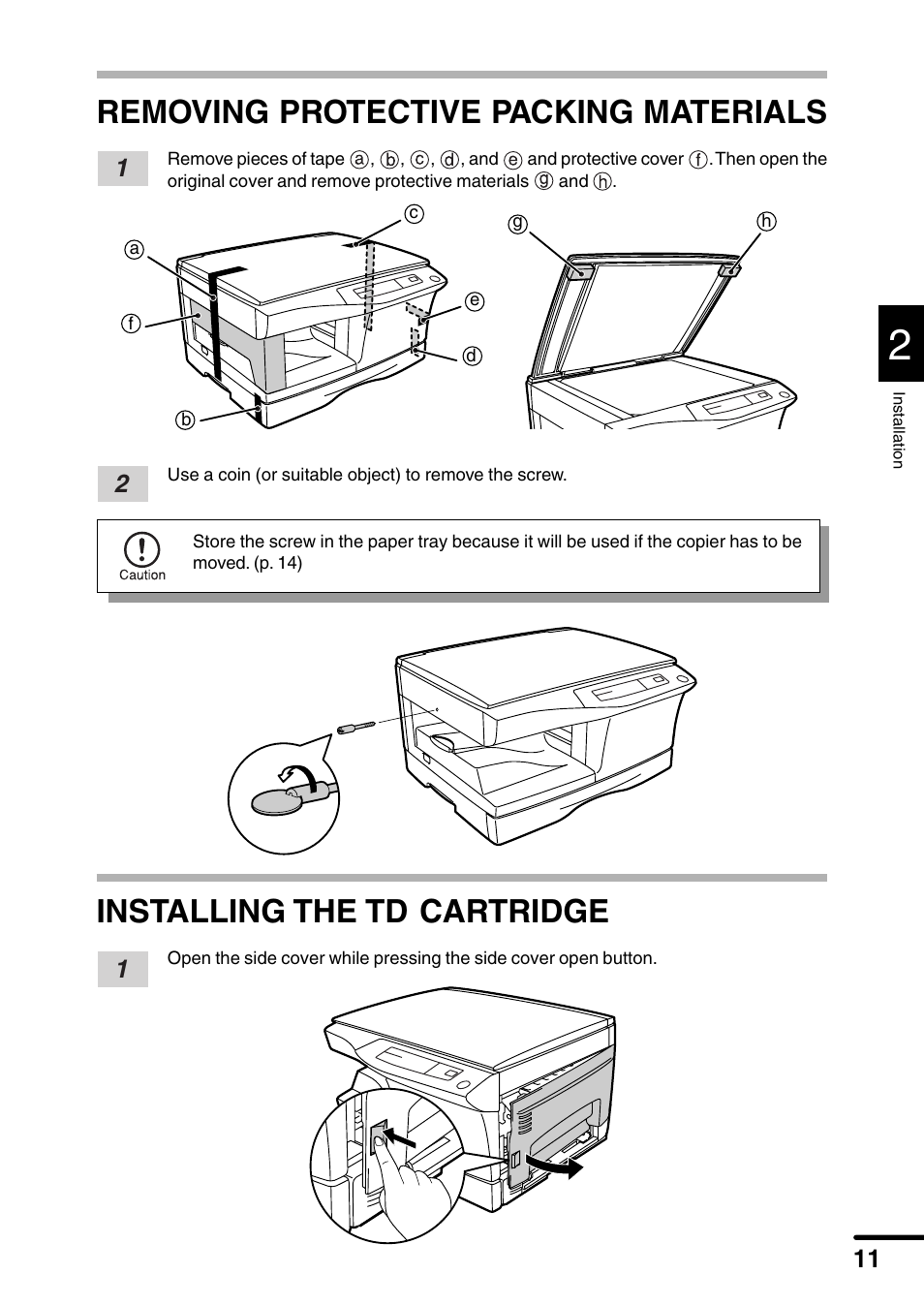 Removing protective packing materials, Installing the td cartridge | Sharp AL-1340 User Manual | Page 13 / 46