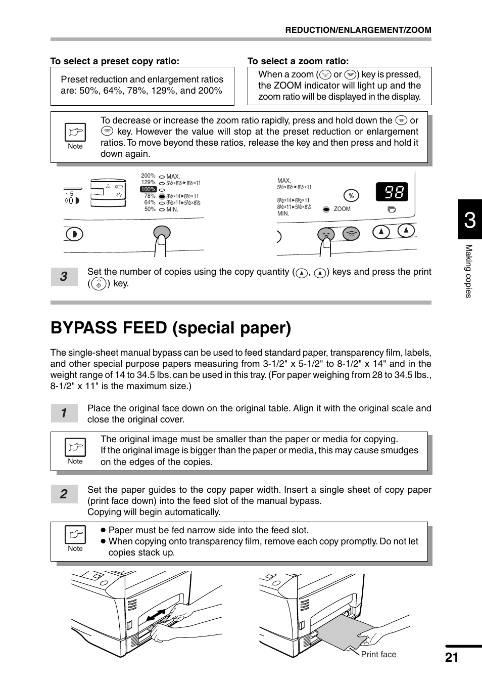 Bypass feed (special paper), Paper must be fed narrow side into the feed slot | Sharp AL-1340 User Manual | Page 23 / 46