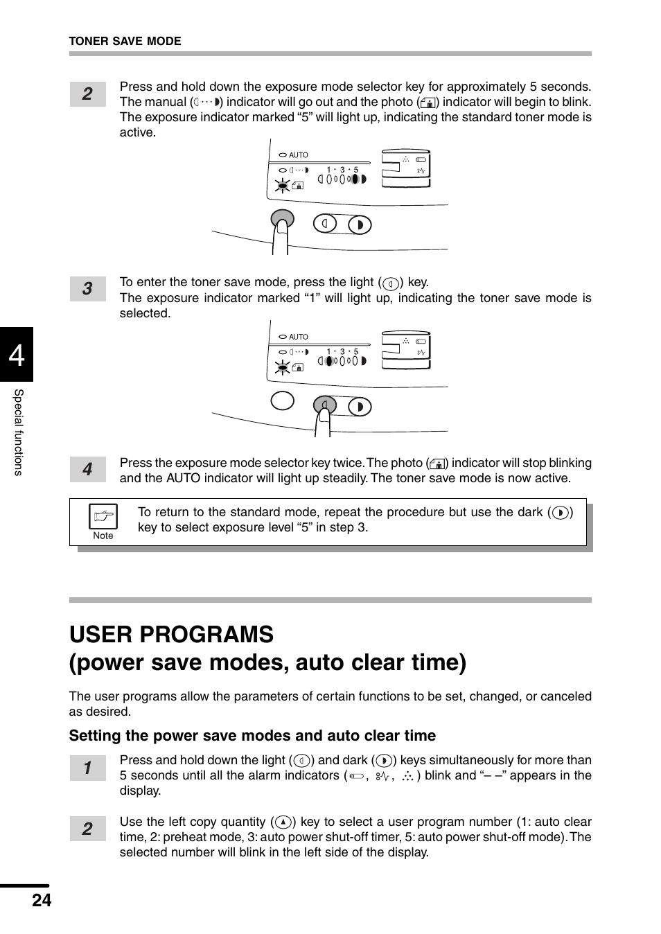 User programs (power save modes, auto clear time) | Sharp AL-1340 User Manual | Page 26 / 46