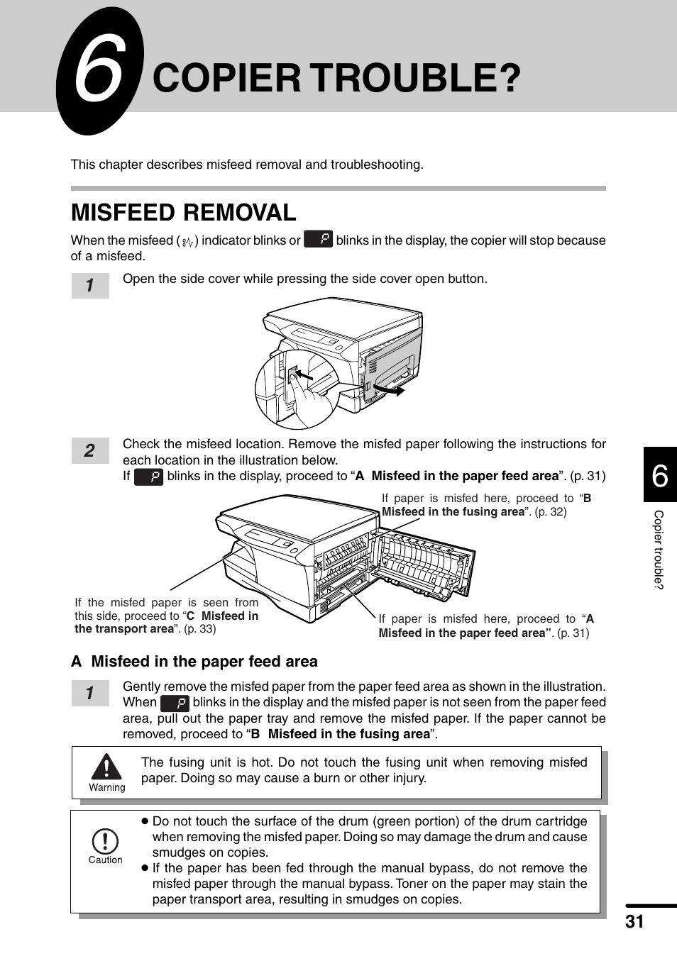 Copier trouble, Misfeed removal | Sharp AL-1340 User Manual | Page 33 / 46