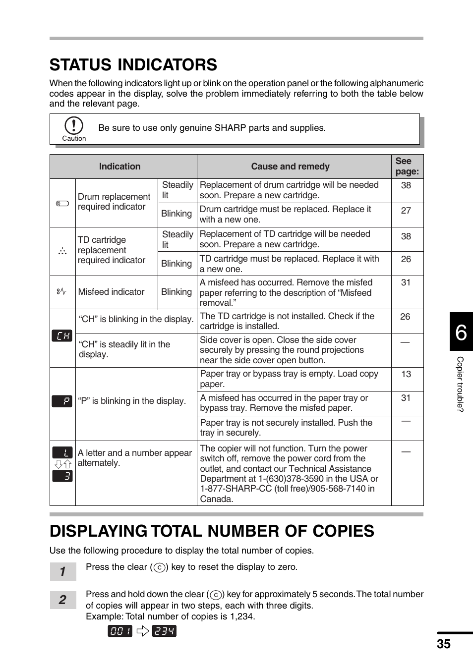 Status indicators, Displaying total number of copies | Sharp AL-1340 User Manual | Page 37 / 46