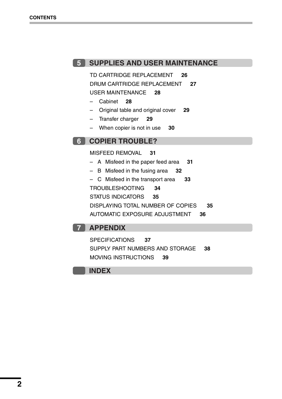 7appendix, 5supplies and, User maintenance | 6copier trouble, Index | Sharp AL-1340 User Manual | Page 4 / 46