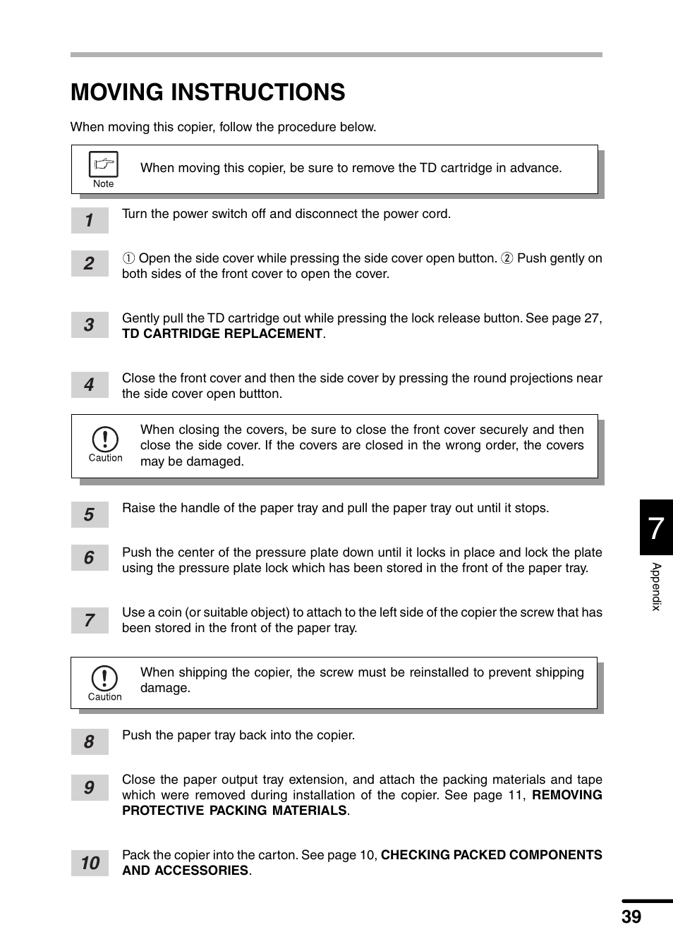Moving instructions | Sharp AL-1340 User Manual | Page 41 / 46
