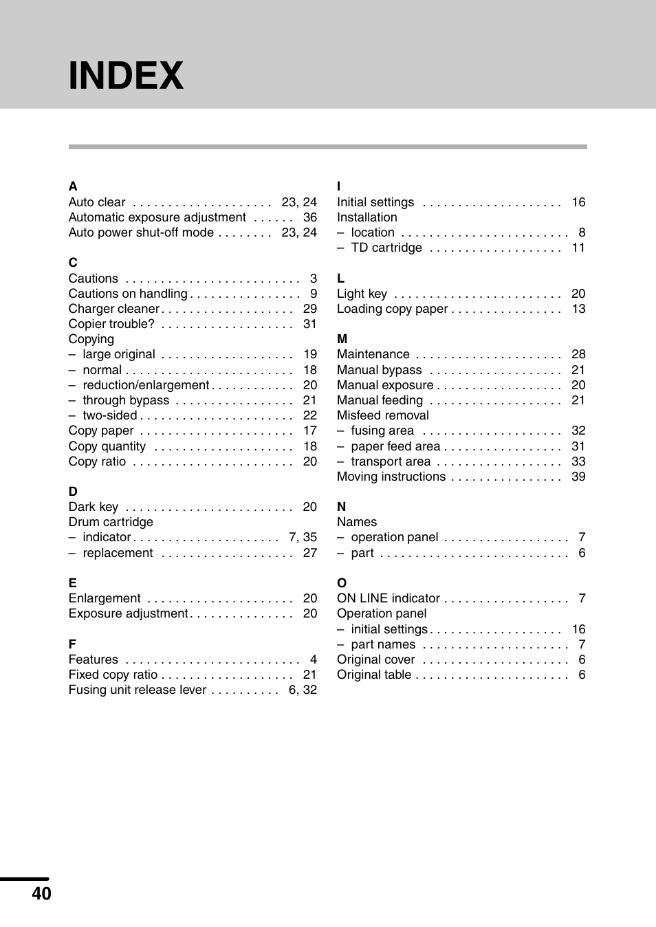 Index | Sharp AL-1340 User Manual | Page 42 / 46