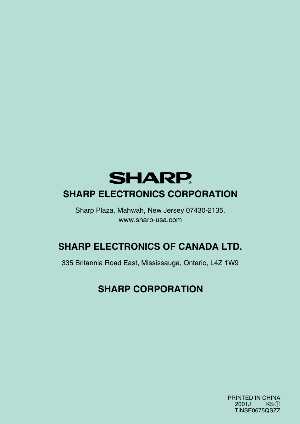 Sharp electronics corporation, Sharp electronics of canada ltd, Sharp corporation | Sharp AL-1340 User Manual | Page 46 / 46