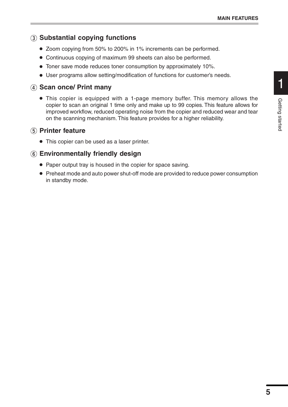 Substantial copying functions, Scan once/ print many, Printer feature | Environmentally friendly design | Sharp AL-1340 User Manual | Page 7 / 46