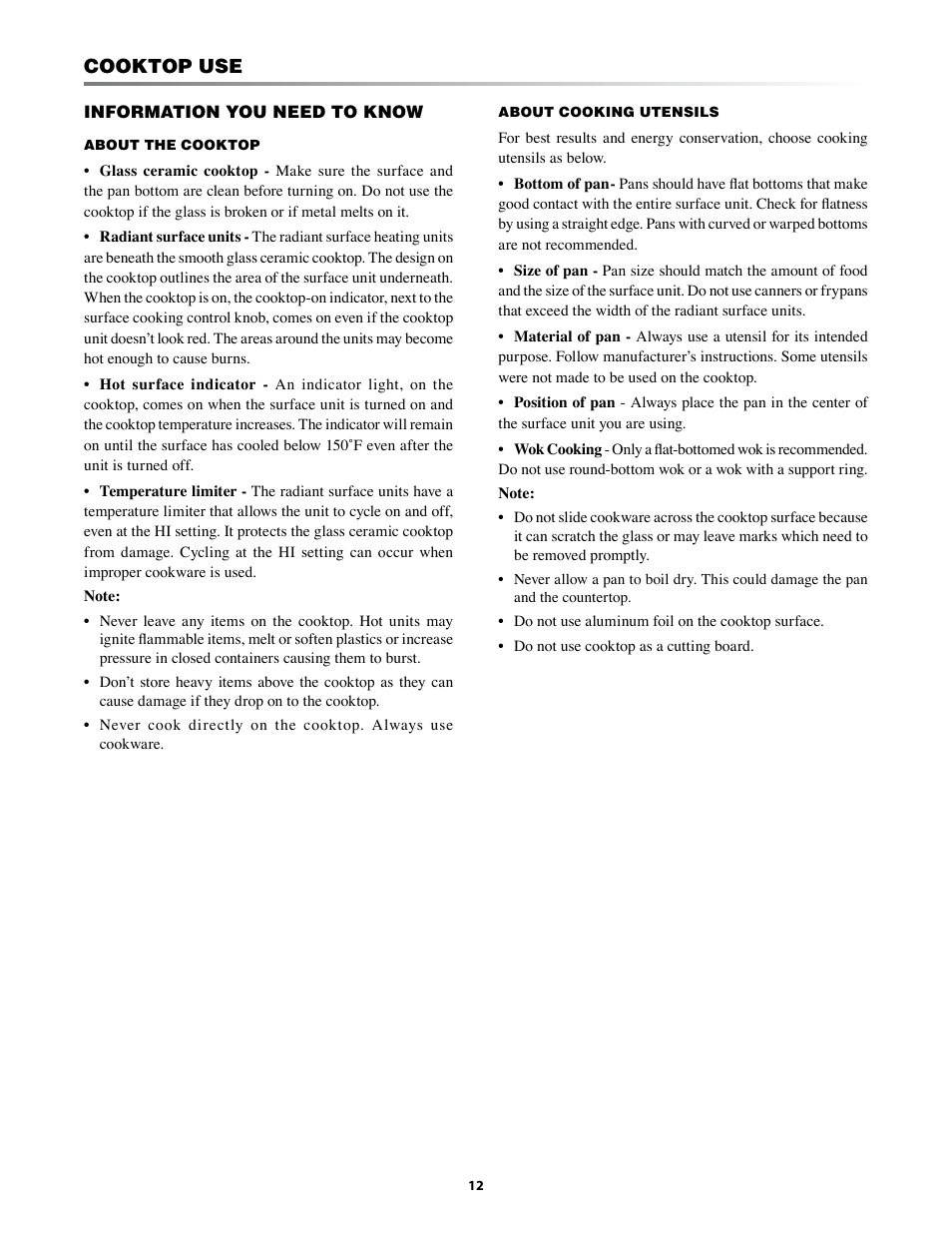 Cooktop use -13, Cooktop use, You need to know | Sharp KB-3300JS User Manual | Page 12 / 32