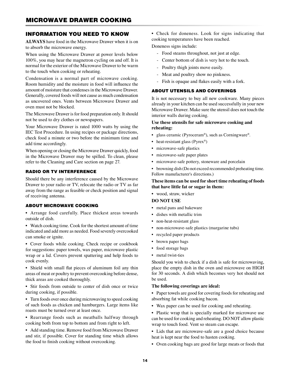 Microwave drawer™ cooking -20, Microwave drawer cooking, You need to know | Sharp KB-3300JS User Manual | Page 14 / 32