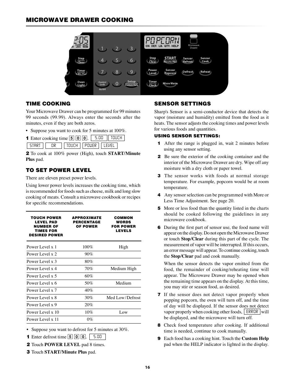 Time cooking, To set power level, Sensor settings | Microwave drawer cooking | Sharp KB-3300JS User Manual | Page 16 / 32