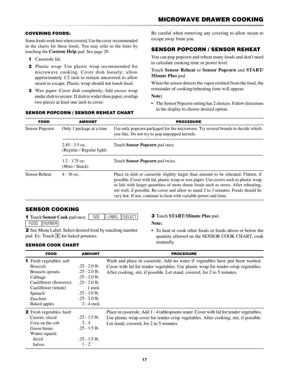 Sensor popcorn / sensor reheat, Sensor cooking, Microwave drawer cooking | Sharp KB-3300JS User Manual | Page 17 / 32