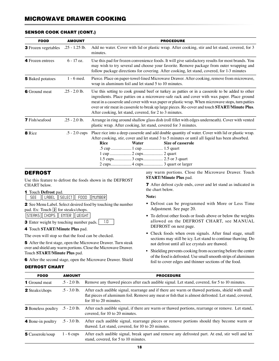 Defrost, Microwave drawer cooking | Sharp KB-3300JS User Manual | Page 18 / 32