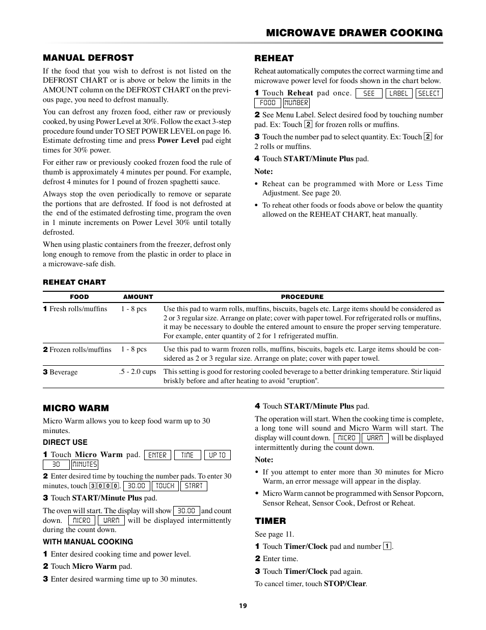 Manual defrost, Warm timer, Microwave drawer cooking | Sharp KB-3300JS User Manual | Page 19 / 32