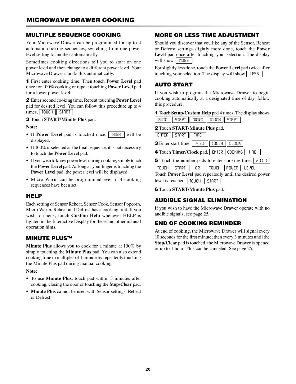 Tiple sequence cooking, Help, Minute plus | More or less time adjustment, Start, Signal elimination, End of cooking reminder, Microwave drawer cooking | Sharp KB-3300JS User Manual | Page 20 / 32