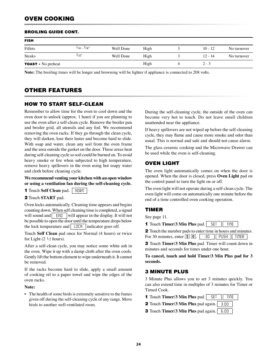 How to set timed cook, How to start self-clean, Oven cooking | Other features | Sharp KB-3300JS User Manual | Page 24 / 32