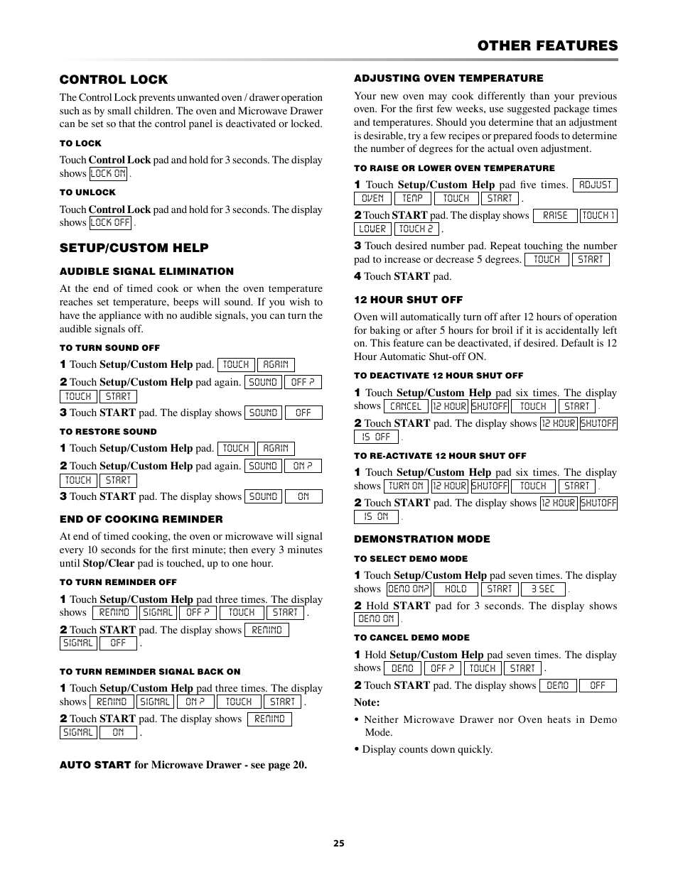 Control lock, How to set delay start, Oven light | Timer, 3 minute plus, Setup/custom help, Other features | Sharp KB-3300JS User Manual | Page 25 / 32