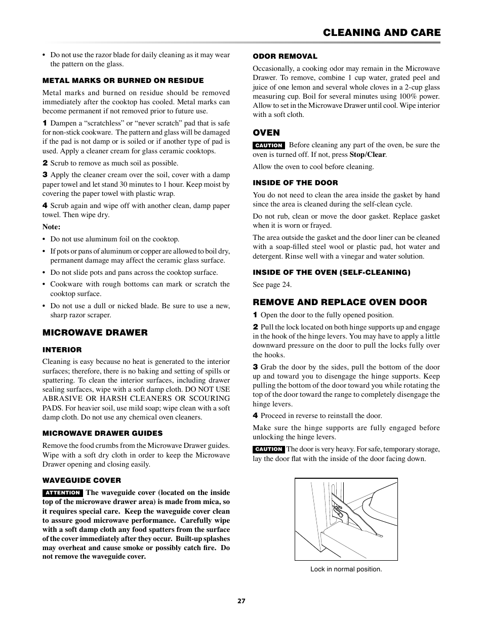 Ve drawer oven remove and replace oven door, Cleaning and care | Sharp KB-3300JS User Manual | Page 27 / 32