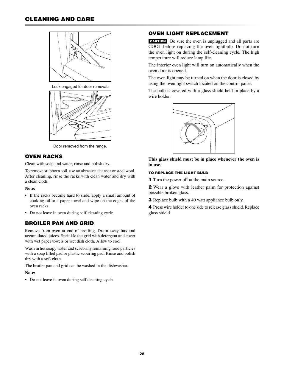 Light replacement, Racks, Cleaning and care | Sharp KB-3300JS User Manual | Page 28 / 32