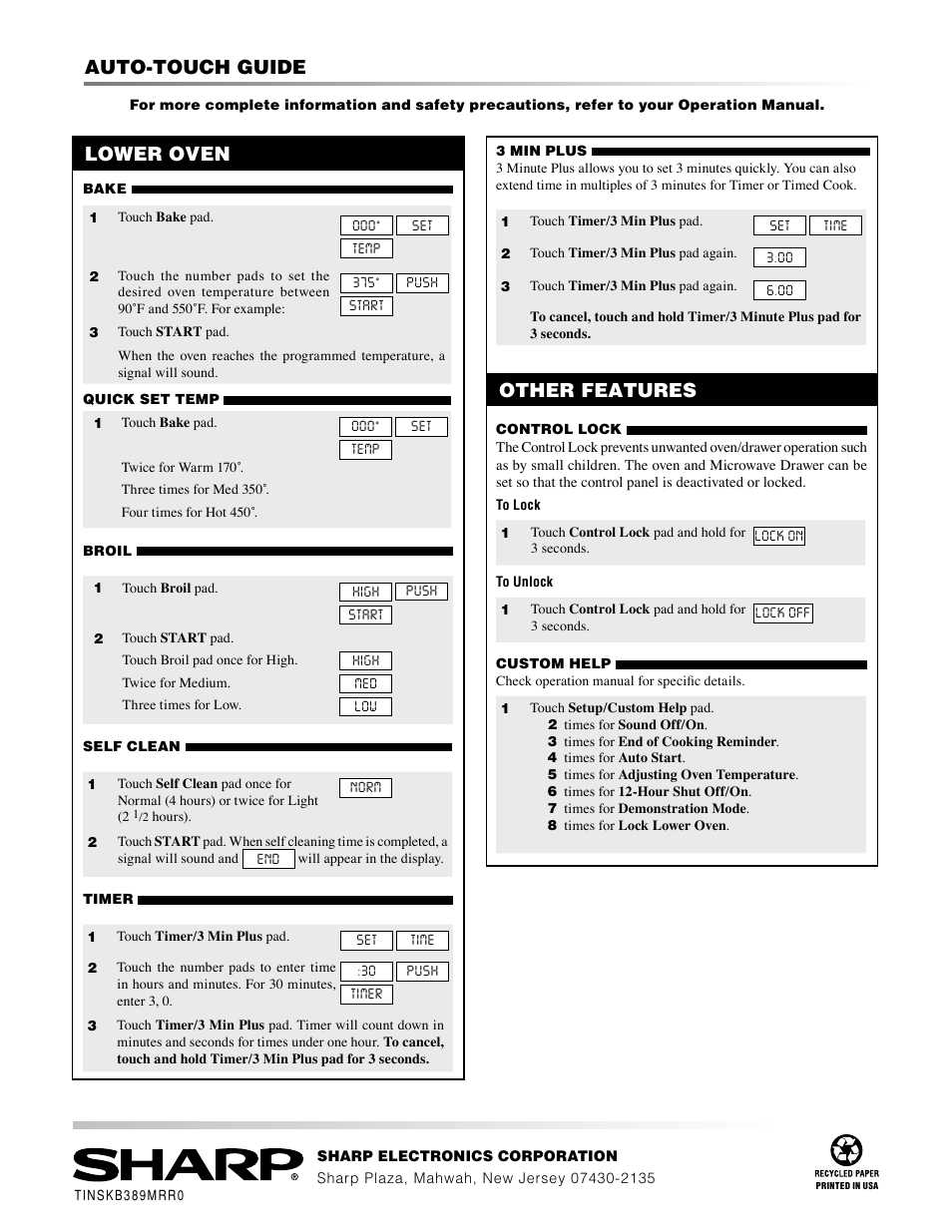 Auto-touch guide, Lower oven, Other features | Sharp KB-3300JS User Manual | Page 32 / 32