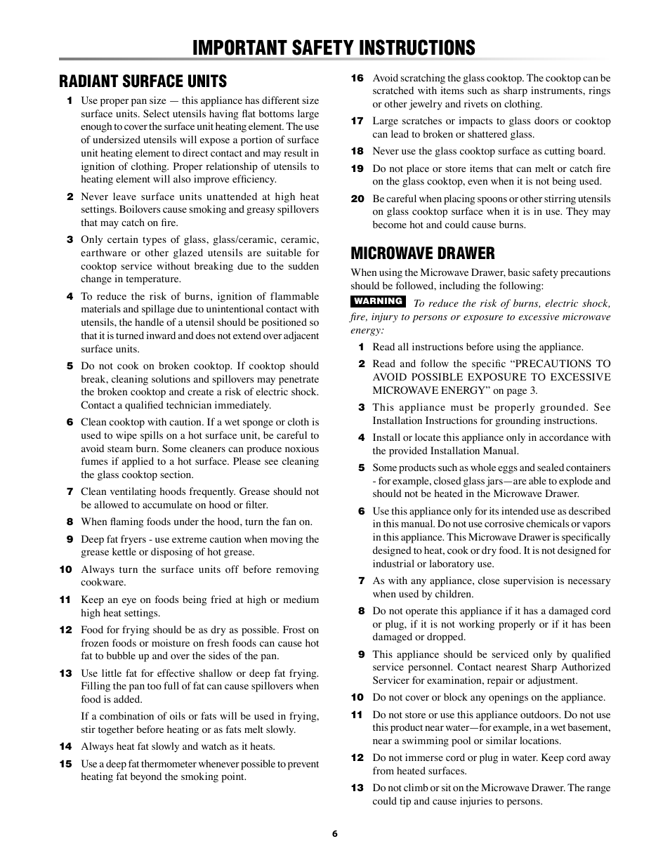 Units, Important safety instructions, Radiant surface units | Microwave drawer | Sharp KB-3300JS User Manual | Page 6 / 32