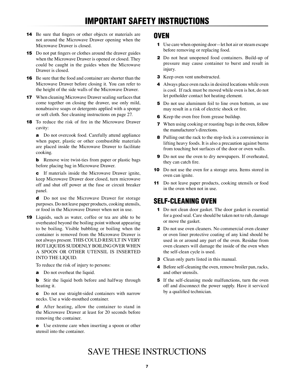 Ve drawer™ -7, Save these instructions, Important safety instructions | Oven, Self-cleaning oven | Sharp KB-3300JS User Manual | Page 7 / 32