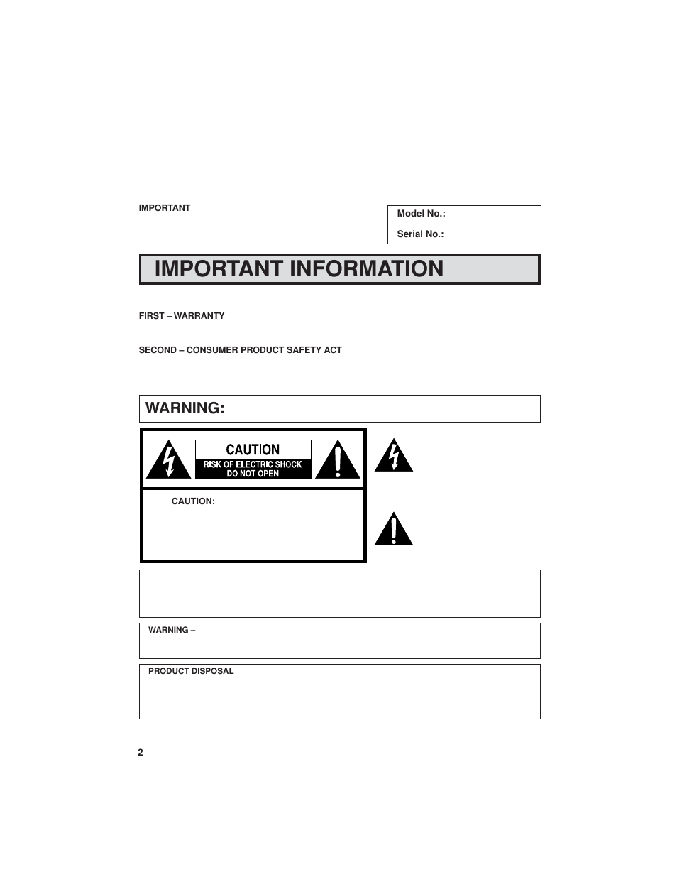 Important information, Warning | Sharp 32C540 User Manual | Page 2 / 47