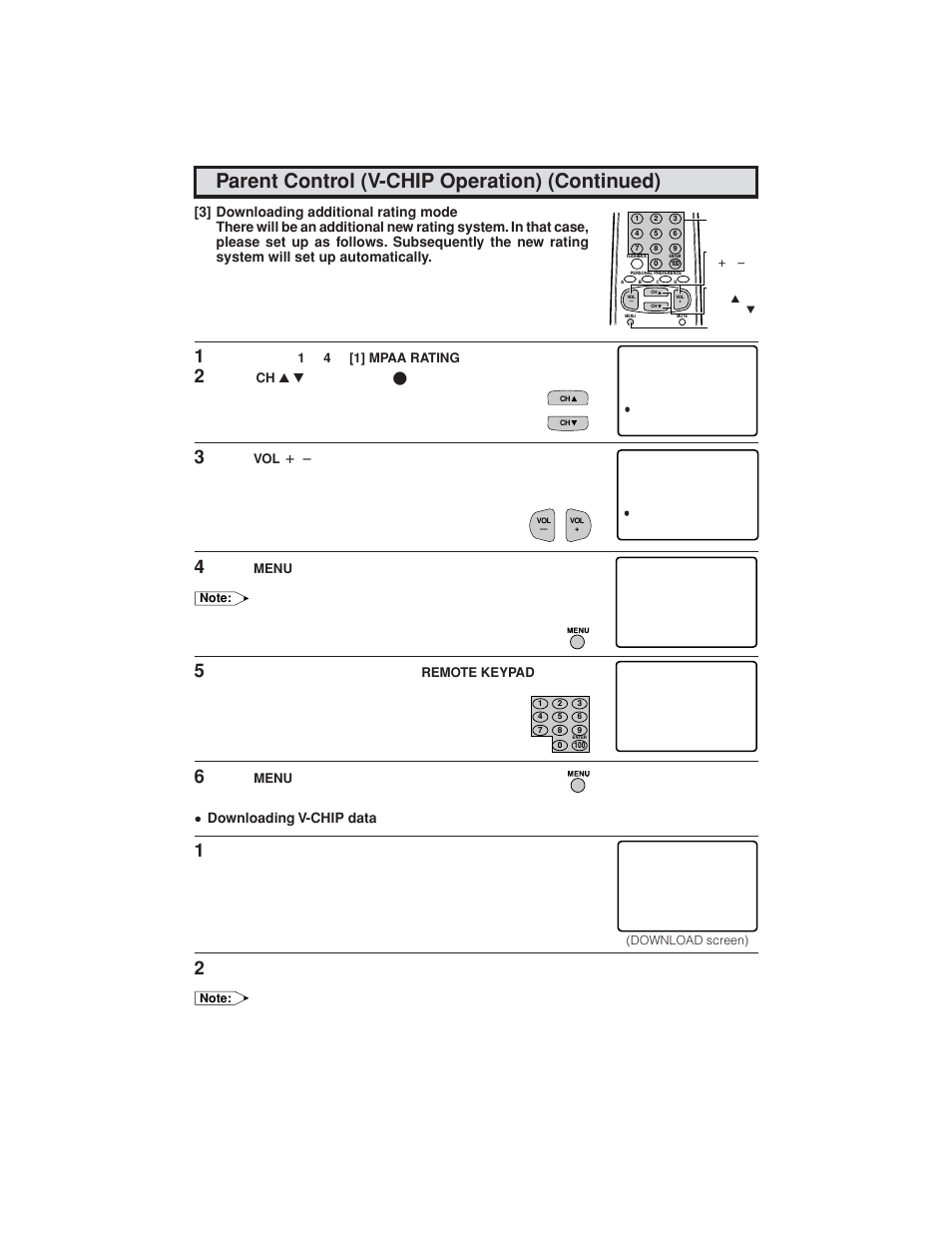 Press, Mark to “download, If secret no. is already set, skip to step 6 | Downloading v-chip data | Sharp 32C540 User Manual | Page 20 / 47