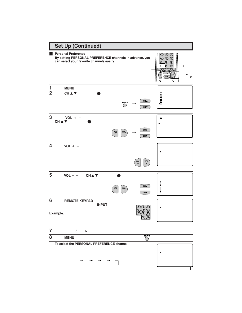 Set up (continued), Press menu to access the main menu screen, Press ch a / s to move the “ e ” mark to “set up | Press menu to exit | Sharp 32C540 User Manual | Page 33 / 47