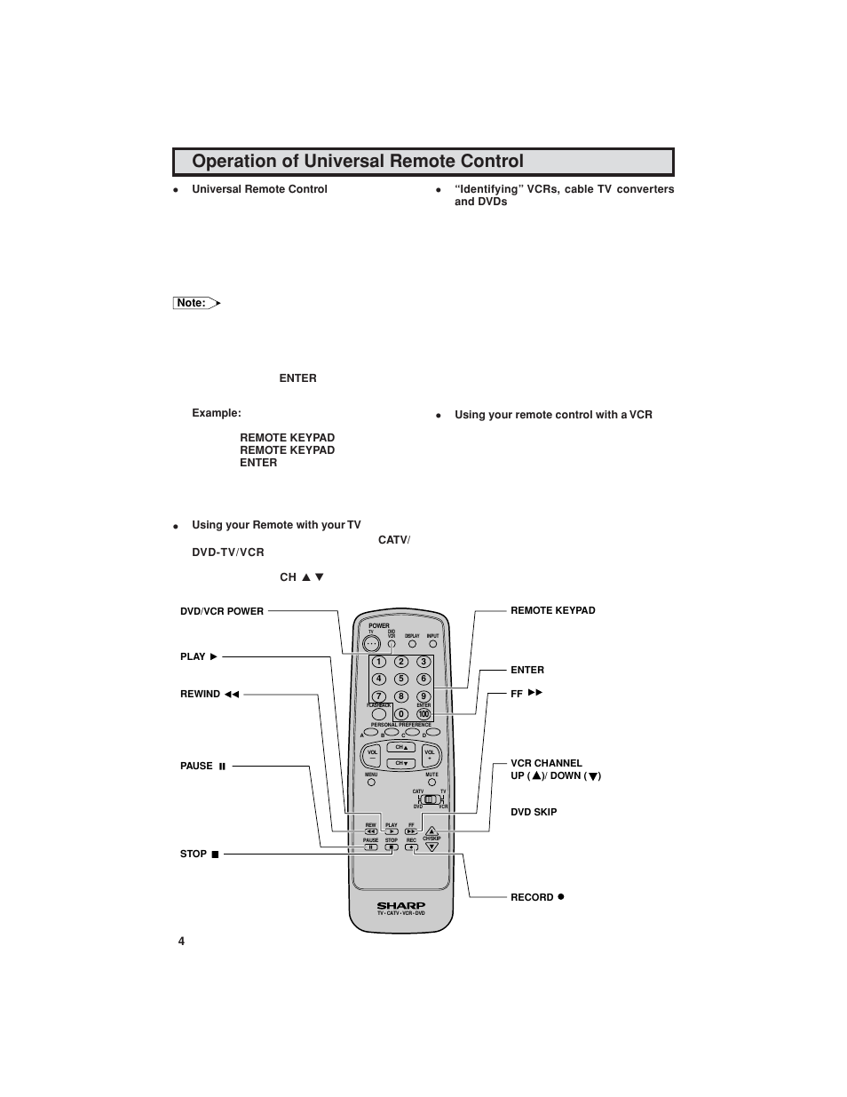 Operation of universal remote control | Sharp 32C540 User Manual | Page 42 / 47