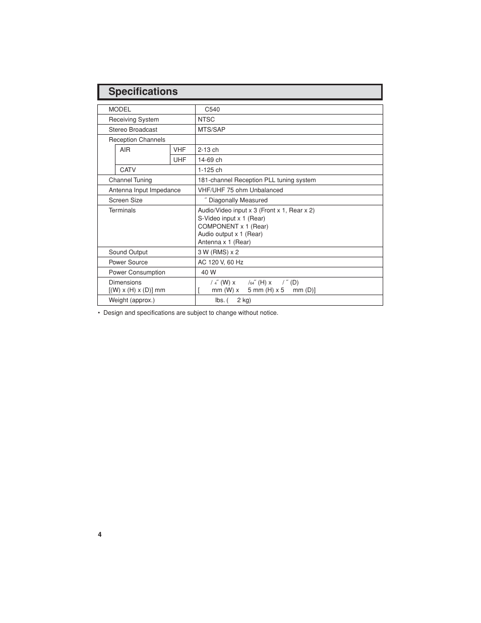 Specifications | Sharp 32C540 User Manual | Page 47 / 47