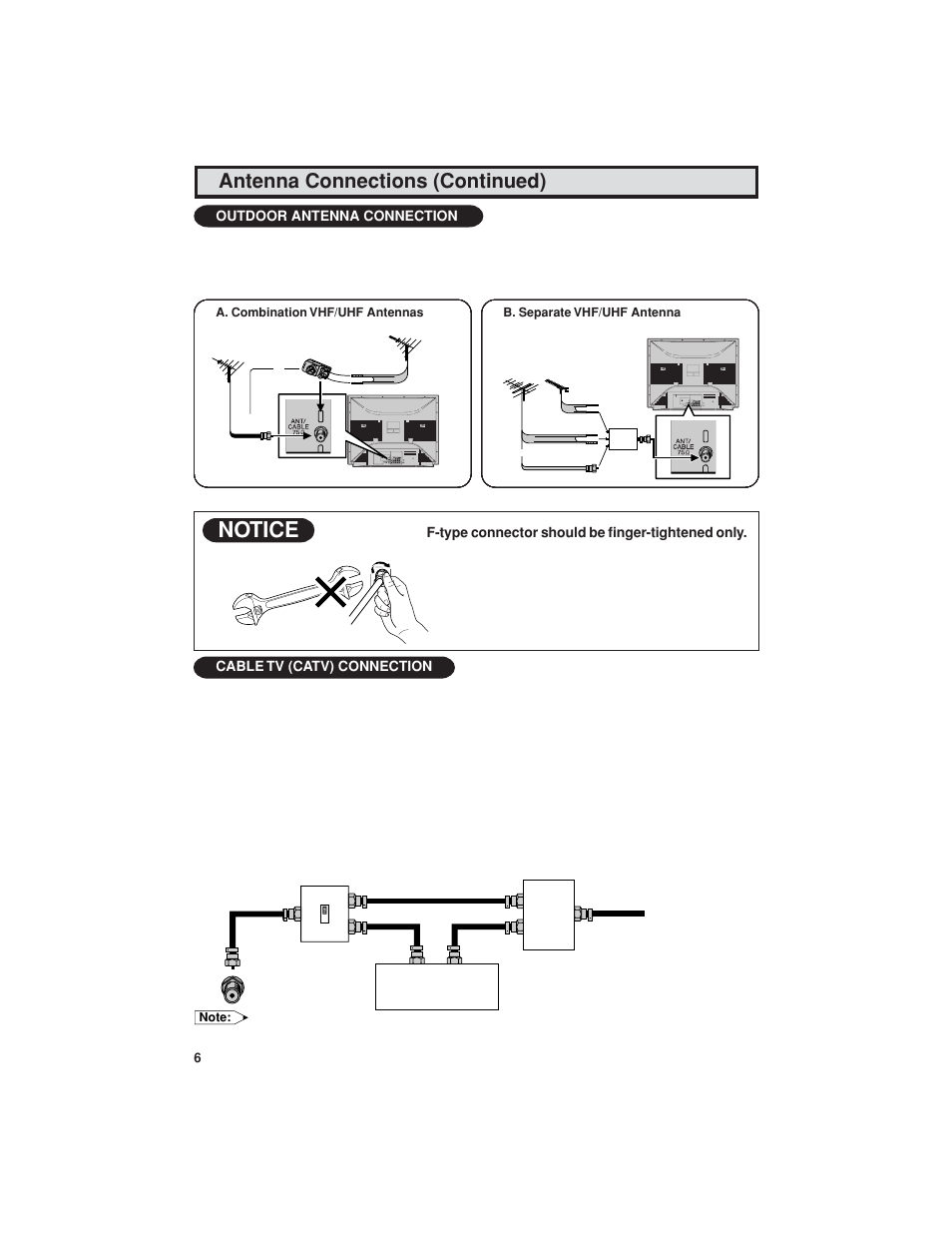 Notice, Antenna connections (continued), Cable tv (catv) connection | Outdoor antenna connection, F-type connector should be finger-tightened only | Sharp 32C540 User Manual | Page 6 / 47